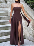 Strapless Slit Ribbon Maxi Dress
