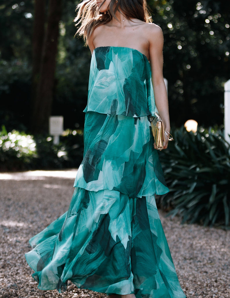 Calista Green Bloom Strapless Tiered Maxi Dress