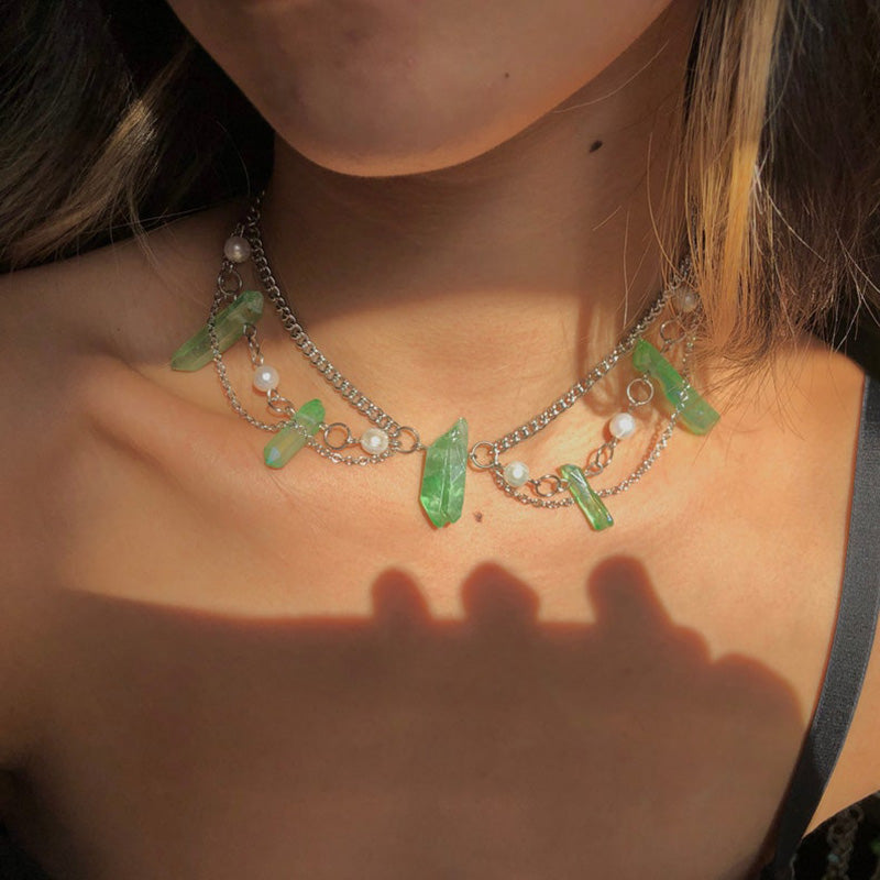 Collier Boho en cristal de quartz vert