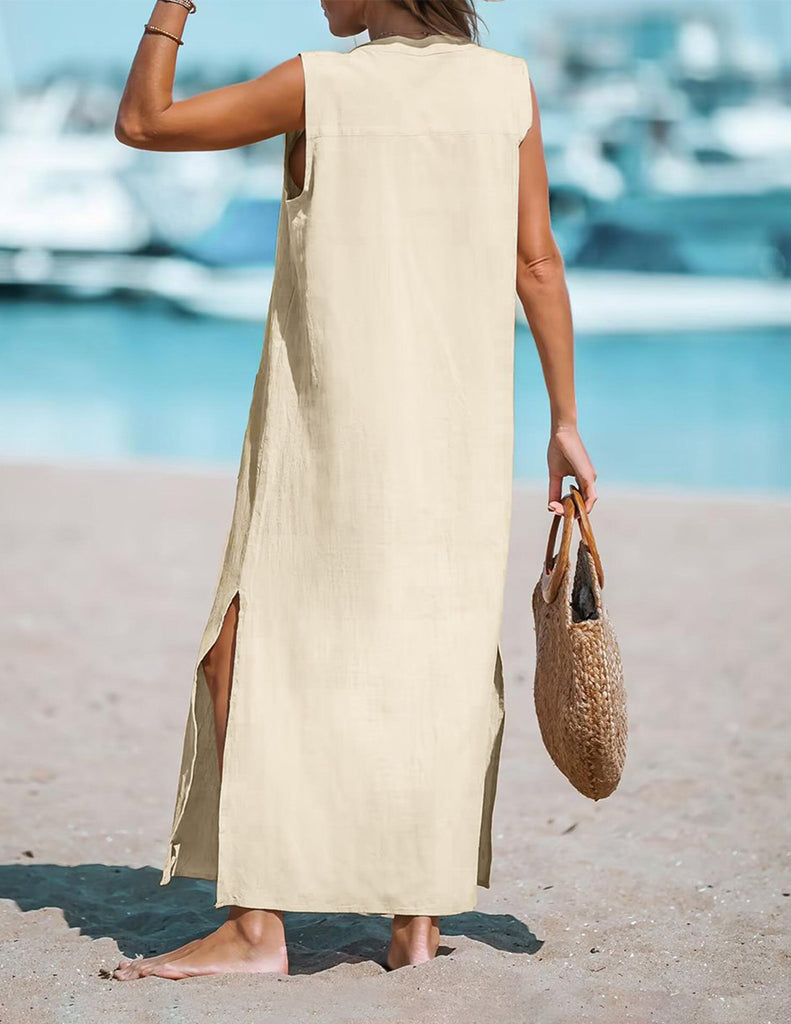 Sleeveless Button-Front Maxi Dress